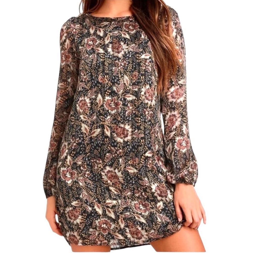 Lulus Ashford Black Floral Print Long Sheer Sleeves Shift Dress Gold Thread XS